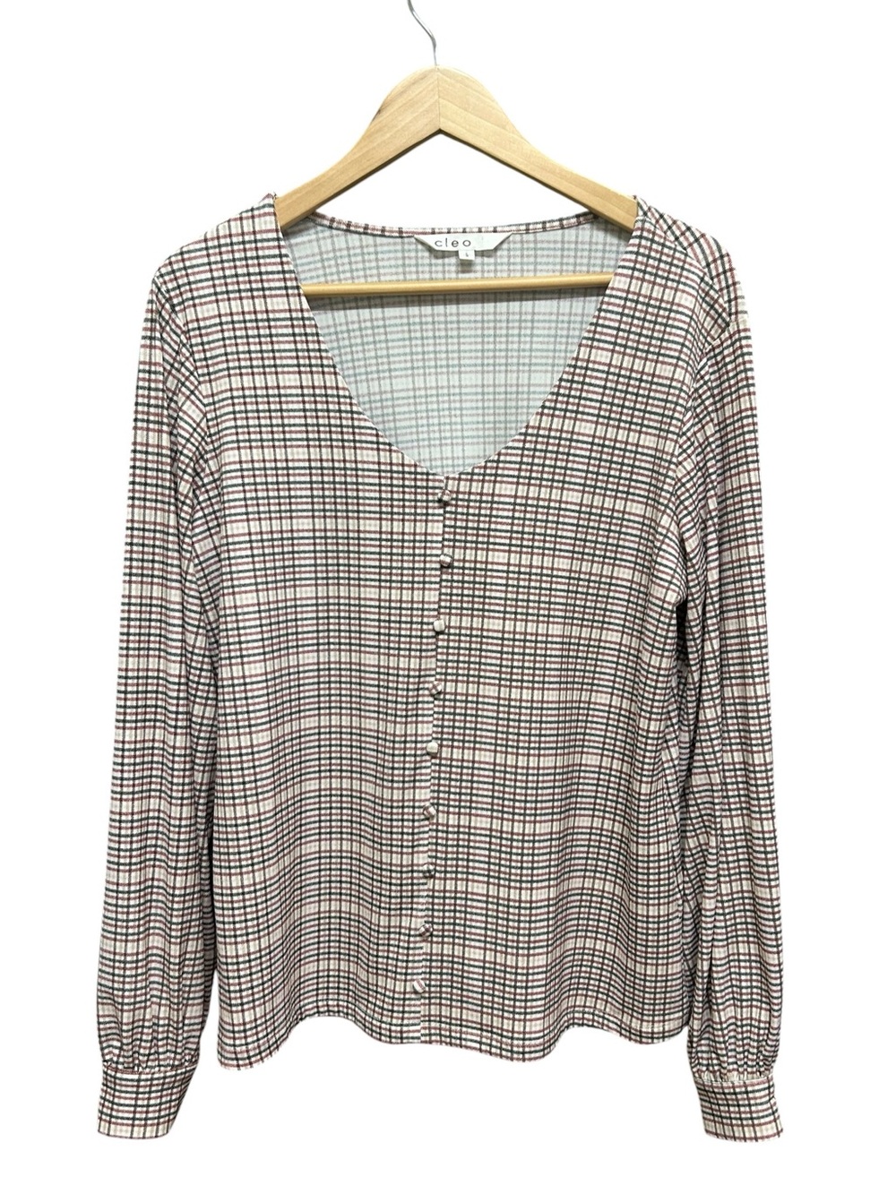 Cleo Stretchy Brown Plaid Long Sleeve Faux Button Front Blouse Size L